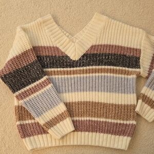 Striped V-Neck Sweater - Cream, Brown, and Black